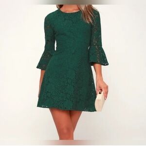 Lulu's favorite flair forest green lace flounce sleeve dress